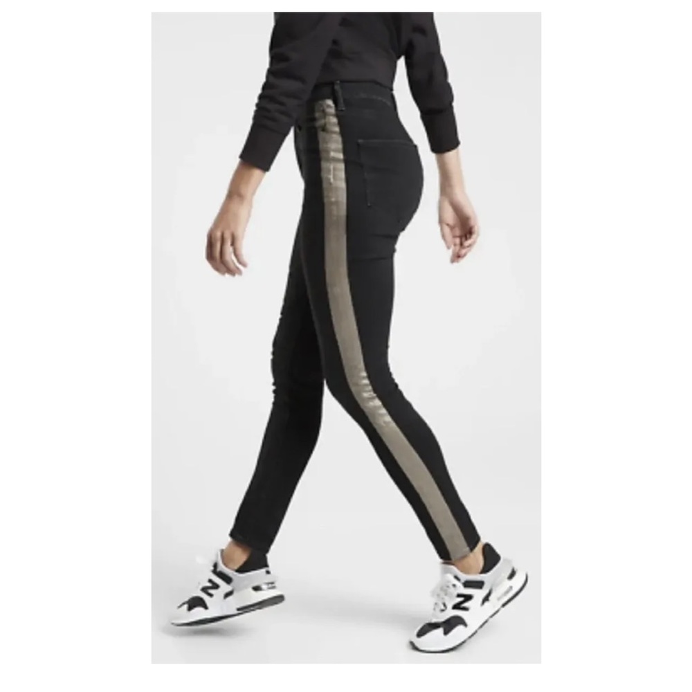 Athleta SKULPTEK Black Metallic High Rise Tuxedo Stripe Skinny Jeans size 8